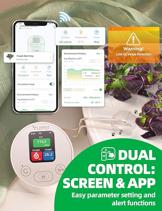 LetPot EC & Temperature Meter with APP and Water Pump Multi-Layer Electroplated Probe, Water Shortage Reminder, Conductivity Meter for Hydroponic System and Indoor Plant Grow (with Pump)