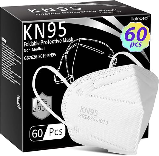 Hotodeal KN95 Face Mask 60 PCs, White KN95 Mask, 5 Layers Cup Dust Mask, for Men, Women, Healthcare Worker, Essential Workers