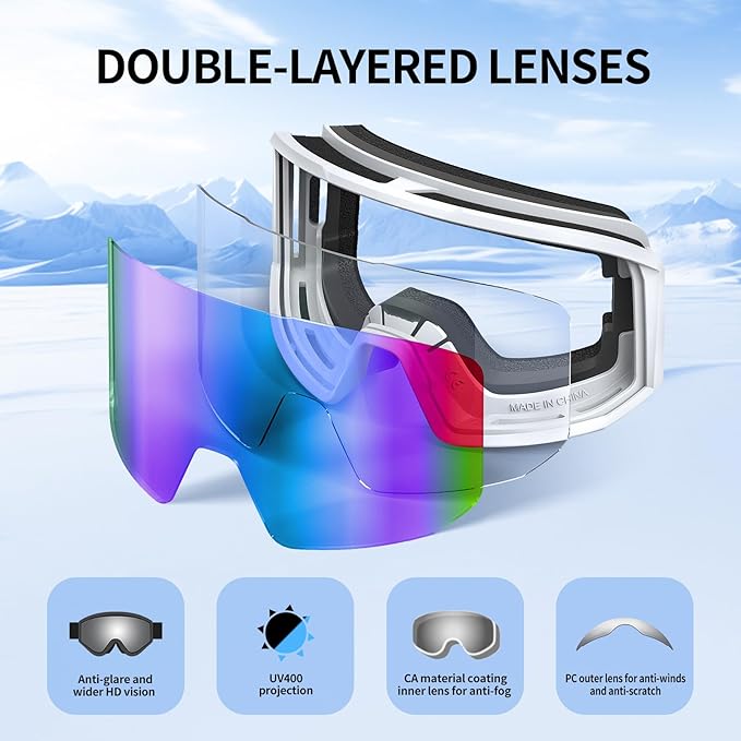 Ski Goggles for Men Women, OTG Snow Goggles, UV Protection Snowboard Goggles for Adult & Youth, Snowmobile, Sledding