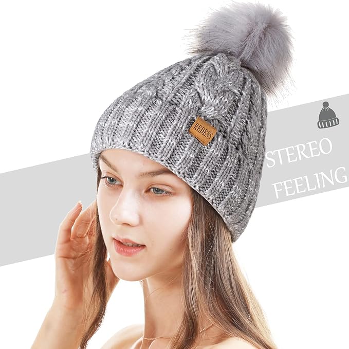 REDESS Women Winter Pompom Beanie Hat with Warm Fleece Lined, Thick Slouchy Snow Knit Skull Ski Cap