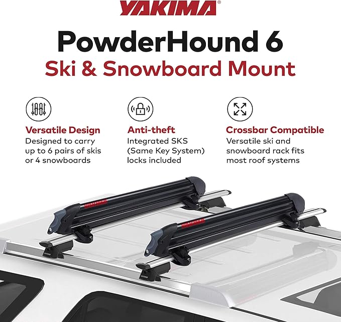 Yakima Ski & Snowboard Car Roof Rack, Fits 6 Ski Pairs or 4 Boards, PowderHound 6 - for Reliable & Secure Transport, Compatible with Yakima Crossbars