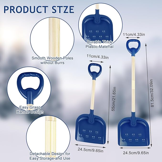1Pcs Kids Snow Shovel Detachable Toddler Snow Shovel 22"-32" H Small Wooden Shovel with Plastic Scoop & D-Grip Handle Mini Child Digging Shovel Blue Winter Gift for Outdoor Yard Driveway Activities