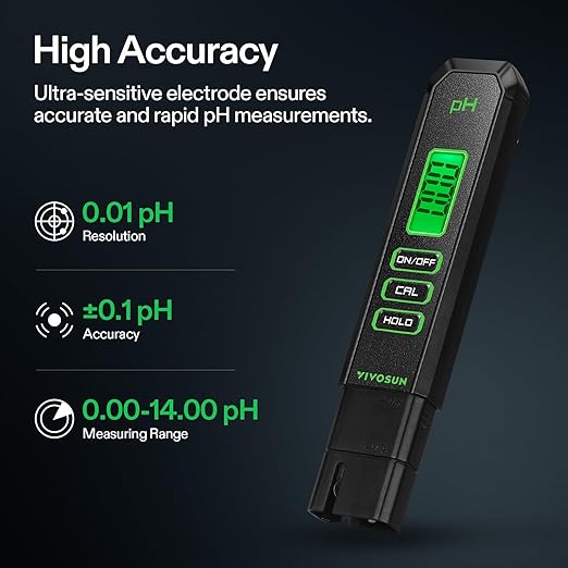 VIVOSUN Digital pH Meter, 0.01pH High Accuracy Pen Type pH Tester for Hydroponics, Household Drinking, Pool and Aquarium, Black, UL Certified
