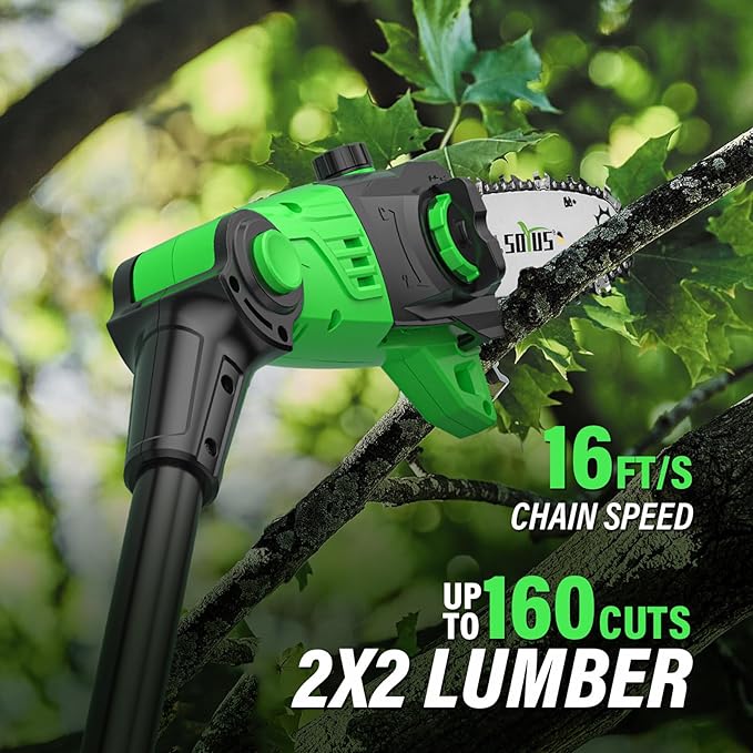 SOYUS Pole Saw 8-Inch Cordless and 18-Inch Pole Hedge Trimmer 2-in-1, 15-Foot Max Reach Pole Saw for Tree Trimming, 16ft/s Speed, Auto Oiling, Multi-Angle Pole Chainsaw with 2.0Ah Battery & Charger