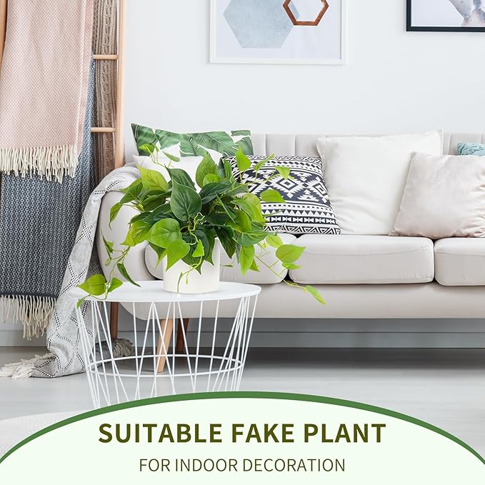 JPSOR Faux Plants Indoor, Pothos Small Fake Plants for Home Decor Indoor Fake Potted Plant Artificial Plants for Living Room Shelf Home Office Decor（White Ceramic Pot）