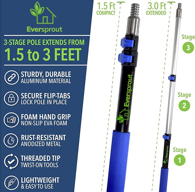 EVERSPROUT 8-10 Feet Standing Reach | 1.5-to-3 Foot Cobweb Duster and Extension-Pole Combo & Lightweight 3-Stage Aluminum Pole | Hand-Packaged Indoor/Outdoor Use Brush Attachment
