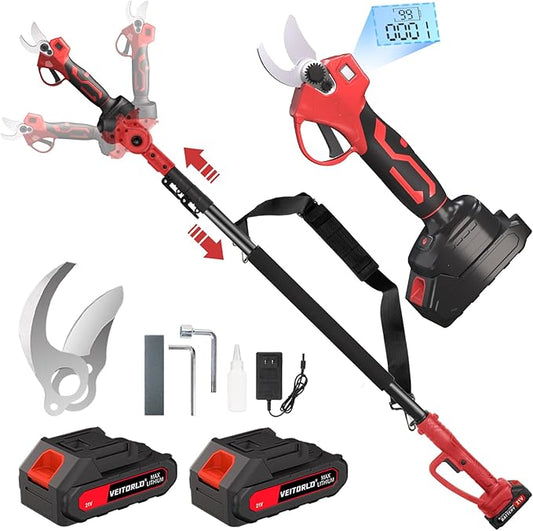 VEITORLD 2-IN-1 Cordless Electric Pole Pruning Shears, 15ft Reach, 1.2" Cutting Diameter, Battery Powered with 2x 2000mAh, Brushless Motor for Efficient Garden Tree Trimming, Branch Cutting（Red）