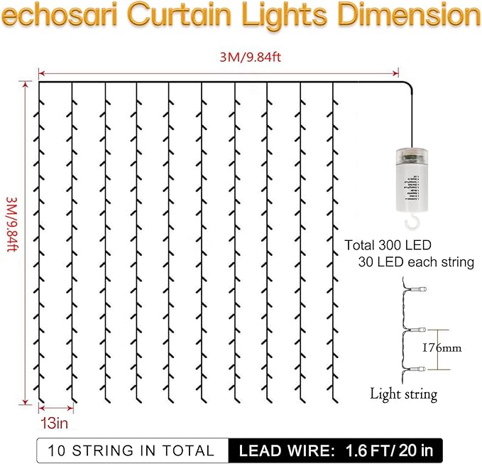 echosari 300 LED Curtain Lights Battery Operated, 9.8ft×9.8ft Hanging Light with Remote Timer Fairy Curtain Lights for Bedroom Patio Wedding Backdrop Party Decór (Warm White)