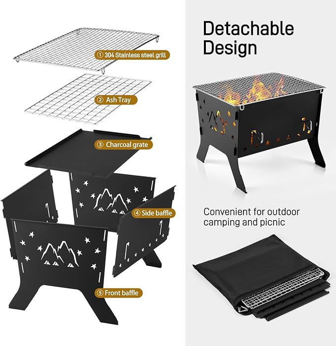 Odoland Camping Grill Portable Folding Charcoal Grills Backpacking BBQ Grill Campfire Grill with Carry Bag for Outdoor Cooking Hiking and Picnic