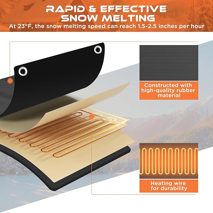 HEATIT Heated Snow Melting Mats, Heated Outdoor Rubber Mats for Stairs, Snow Melting and Ice Melting Mats for Sidewalks (10" X 38")