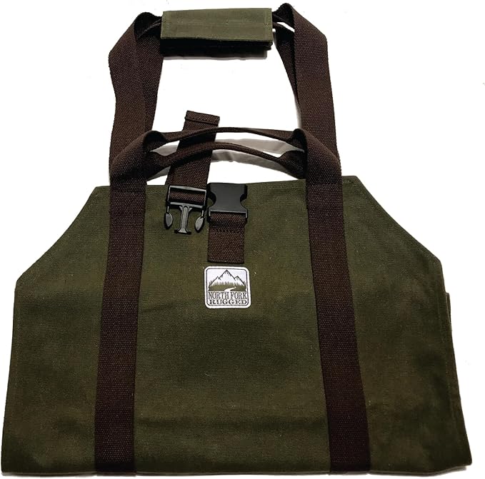 Heavy Duty Waxed Canvas Firewood Log Carrier Bag Tote – Unique Dual Handles allow Secure Comfortable grip with various load sizes. Cinch Strap holds all wood in place (Olive/Brown)