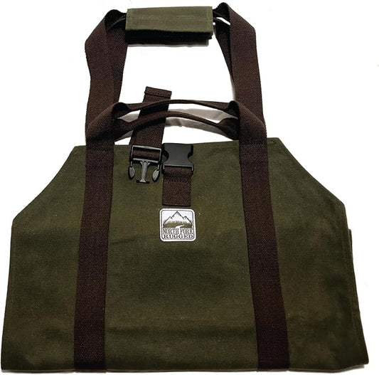 Heavy Duty Waxed Canvas Firewood Log Carrier Bag Tote – Unique Dual Handles allow Secure Comfortable grip with various load sizes. Cinch Strap holds all wood in place (Olive/Brown)