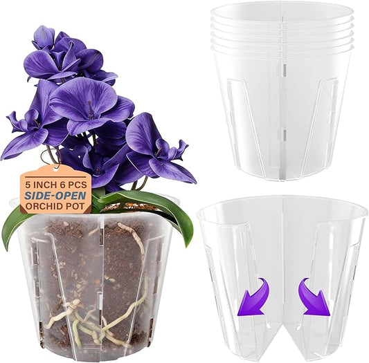 5 Inch Side-Open Orchid Pots 6 Pack, Clear Plastic Nursery Planters with Detachable Side Walls for Easy Repotting, Breathable Slotted Flower Pots with Drainage for Root Health