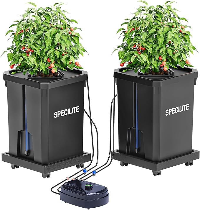 SPECILITE DWC Hydroponics Grow System with Top Drip Kit, 7 Gallon 2 Buckets Deep Water Culture Recirculating Drip Garden System with Plant Stand with Wheels, Air Pump, Air Stone, Air Hose