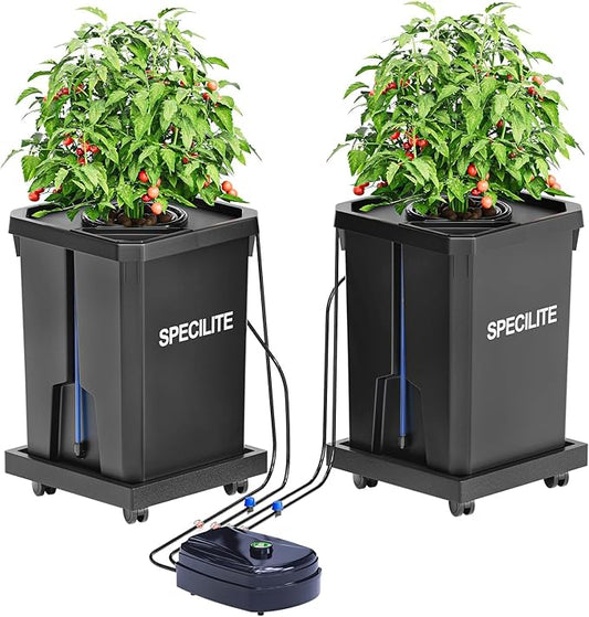 SPECILITE DWC Hydroponics Grow System with Top Drip Kit, 7 Gallon 2 Buckets Deep Water Culture Recirculating Drip Garden System with Plant Stand with Wheels, Air Pump, Air Stone, Air Hose
