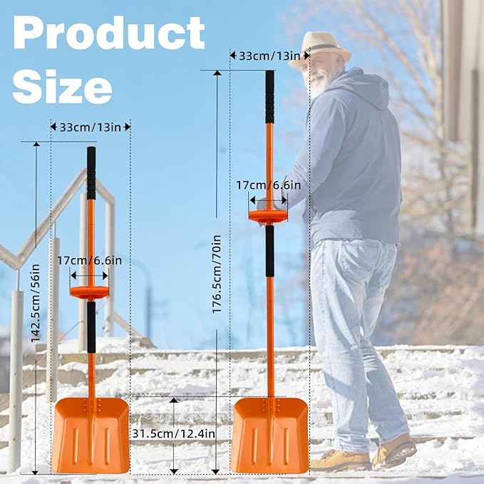 Snow Shovel for Driveway, Large Capacity Snow Shovels with 69 Inch Long Adjustable Metal Handle & Ergonomic Assisted Back-Saving Tool for Car, Outdoor, Emergency