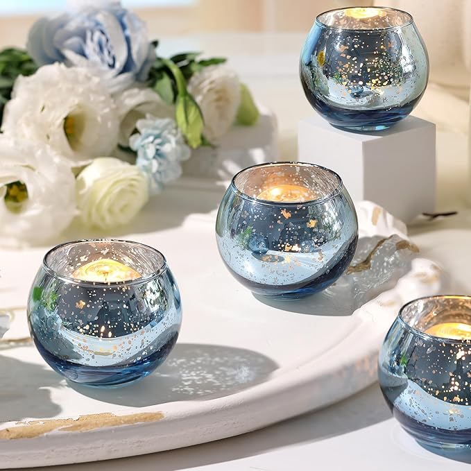Volens Round Blue Votive Candle Holders Set of 12, Blue Wedding Centerpiece Table Decorations, Mercury Glass Tealight Candle Holder for Bridal Shower, Baby Shower & Home Decor