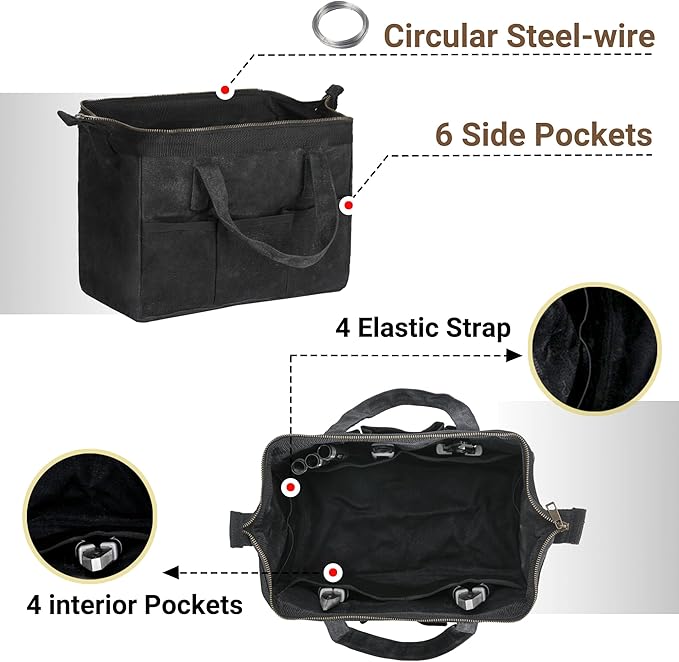 Tool Bag with Zipper, Heavy Duty 16oz Waxed Canvas Wide Mouth Tool Tote Bag, 13-inch Muti-Purpose Storage Tool Pouch with Side Pockets