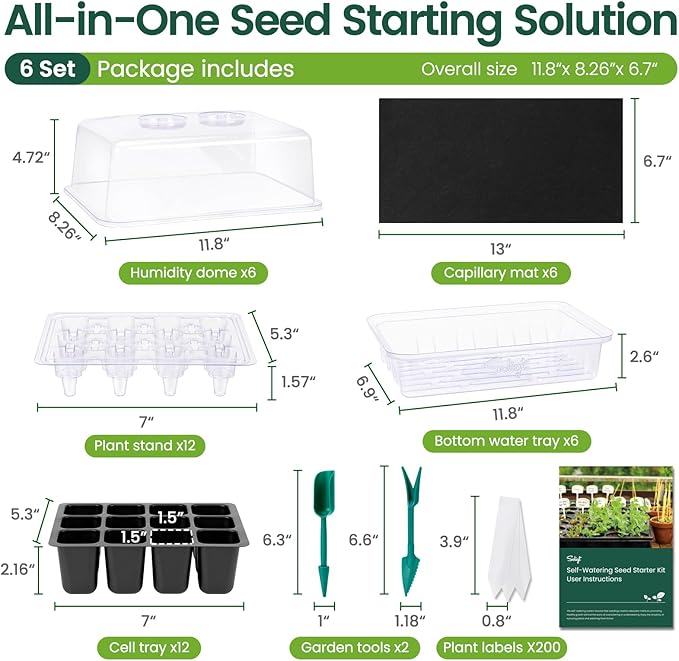 SOLIGT Self Watering Seed Starter Trays with Humidity Domes, Extra Thick Plastic Seed Starter kit for Seed Starting, Plant Germination & Seedling Growing, 6 Pack 144 Cells
