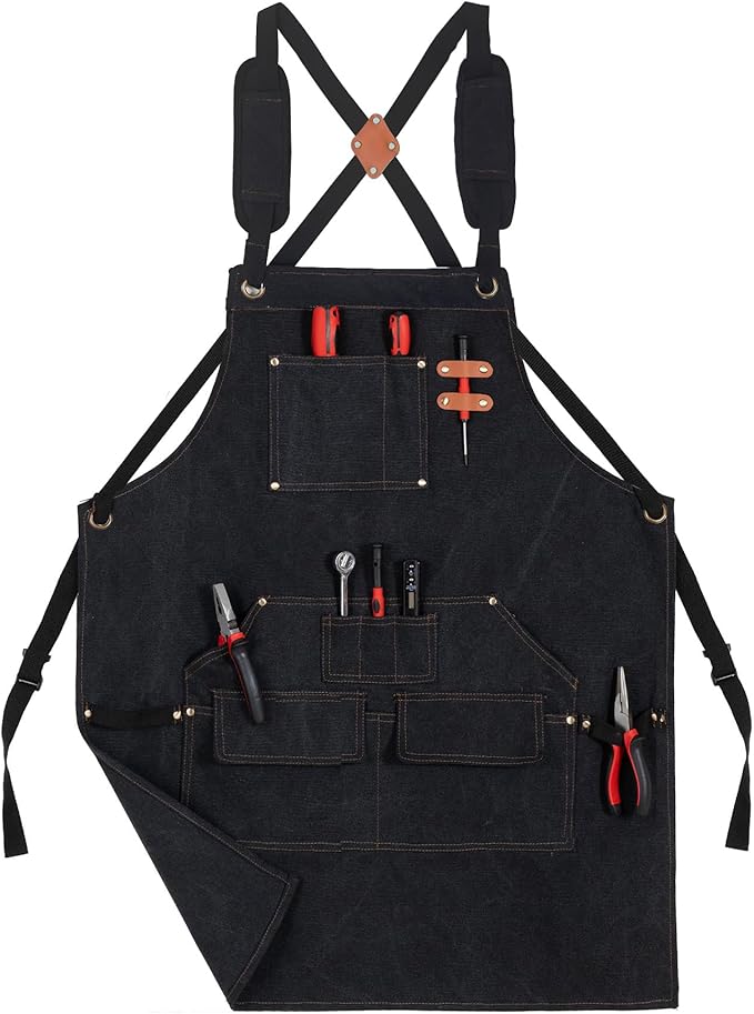 Tosewever Work Aprons for Men with Large Pockets, Canvas Cross Back Heavy Duty Adjustable Tool Aprons for Chef Cooking BBQ
