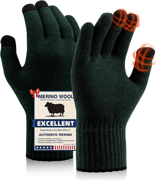 Merino Wool Gloves for Men Women, Touch Screen Warm Glove Liners Thermal Soft Knit Lining for Winter Running Hiking