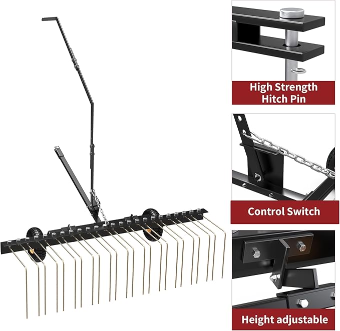 YITAMOTOR 60 Inch Tow Behind Dethatcher, Lawn Dethatcher Rake with 24 Spring Steel Tines & Lift Handle for ATV or Mover Tractors, Tow Behind Lawn Rakes for Leaves, Pine Needles, and Grass