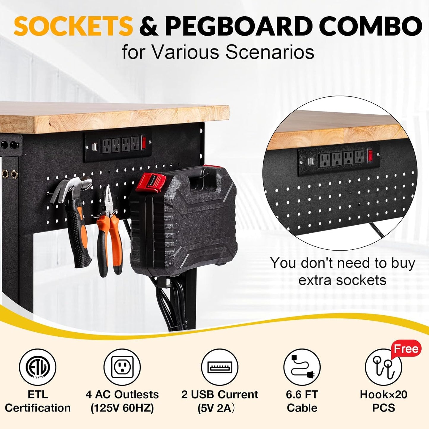 48" Workbench with Drawers, Adjustable Height Work Bench 2000 LBS Heavy-Duty Work Table Rubber Wood Work Station with Power Outlet & Pegboard for Garage, Office, Workshop, Home, Party Shop