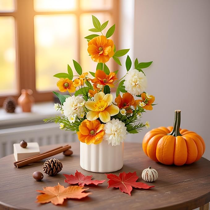 Artificial Fall Flower in Vase Silk Hydrangeas Flowers,Faux Flower Arrangement Suitable for Home Office Decoration, Dining Table Centerpiece