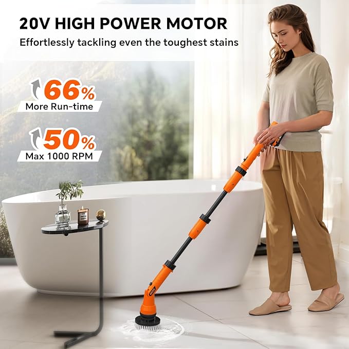 1000RPM Electric Spin Scrubber, 20V Cordless Cleaning Brush with Adjustable Extension Arm, 4 Replaceable Cleaning Heads, Hook and Gloves, 1 Hour Fast Charge, Waterproof - for Bathroom/Tub/Tile/Floor