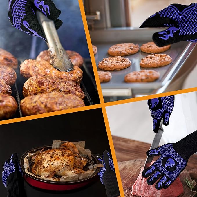BBQ Fireproof Gloves, Grill Cut-Resistant 1472°F Heat Resistant Gloves, Non-Slip Silicone Oven Gloves, Kitchen Safe Cooking Gloves for Oven Mitts,Barbecue,Cooking, Frying,13.5 Inch-Blue
