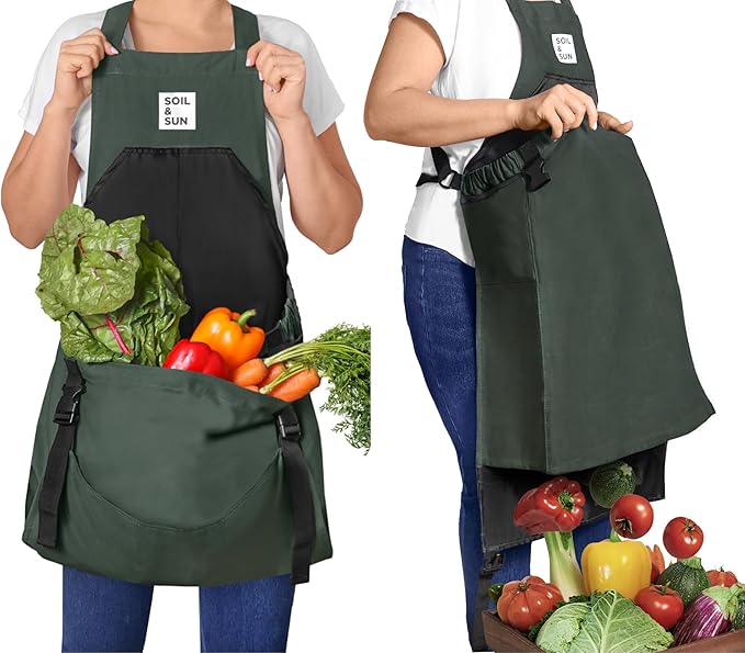 Soil & Sun Gardening Apron with Pockets and Harvesting Pouch - Durable Canvas Design for Men and Women - Convenient Tool Storage and Effortless Harvesting