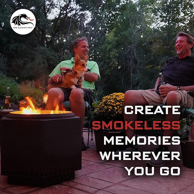 Dragonfire Smokeless Firepit, Accessories Included: Spark Screen, Base Stand, and Weatherproof Cover. Wood Pellet/Log Burning Large Outdoor Fire pit. Matte Black Finish, 23.5 Inch Backyard Patio Size.