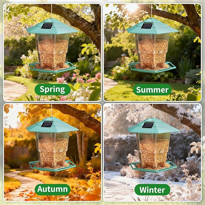 Solar Bird Feeder for Outdoors Hanging,Green Hanging Wild Bird Feeders with S Hook for Blue Bird, Cardinals, Finches,Wild Birds Seed Feeder, As Gift for Bird Lovers