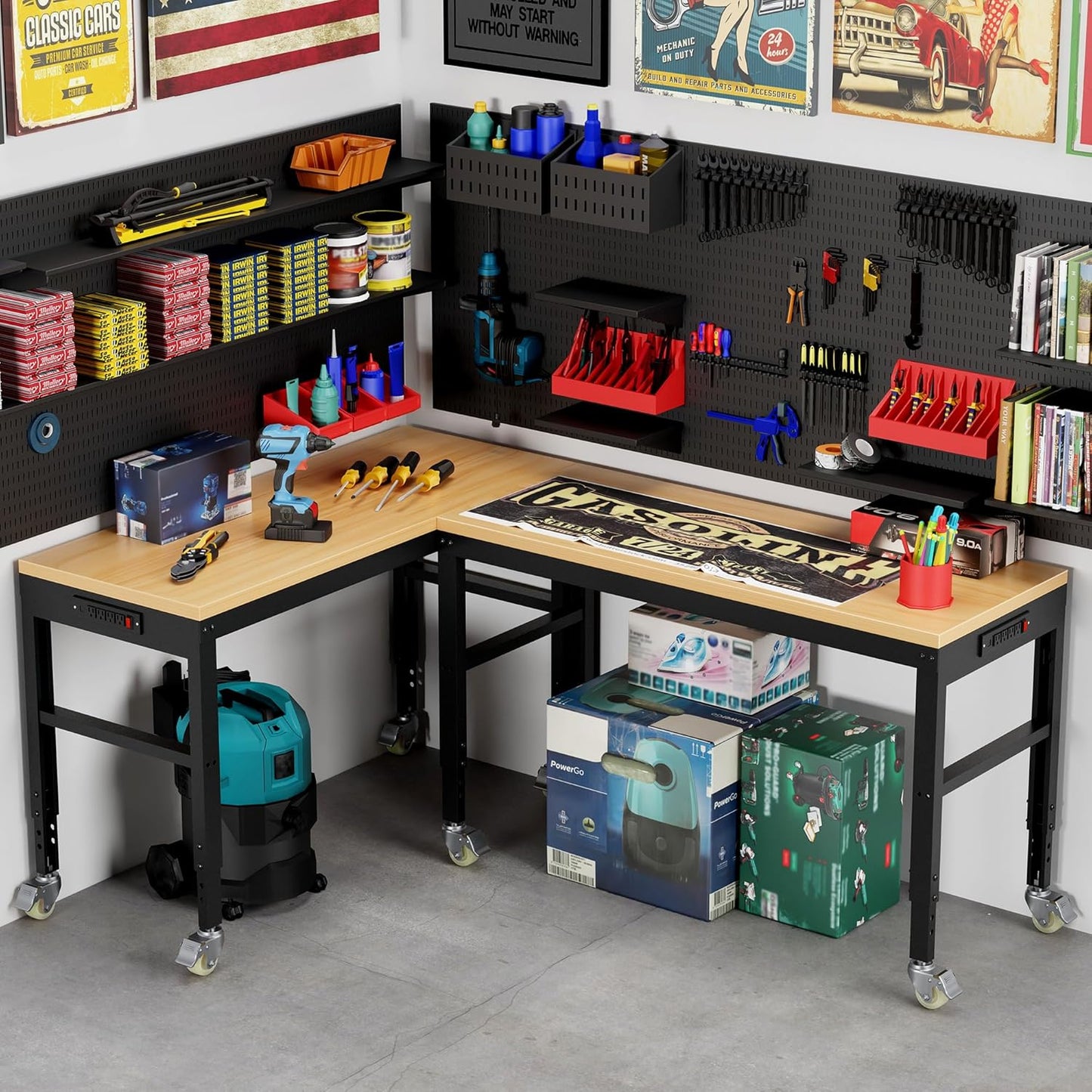 60” Adjustable Workbench，Heavy Duty Wood Work Bench 2000 Lbs Load Capacity,Work Table with Power Outlet and Wheels for Garage, Workshop, Office, Home