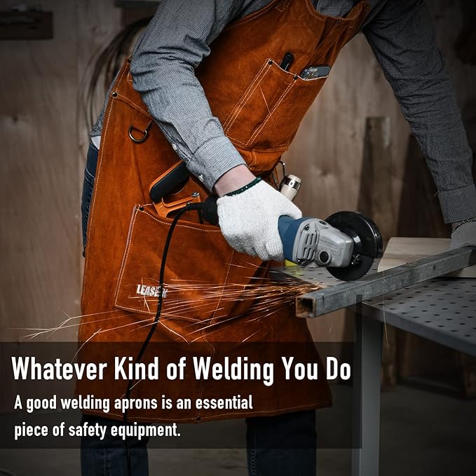 Leather Welding Work Apron - Heat Resistant & Flame Resistant Bib Apron, Flame Retardant Heavy Duty BBQ Apron