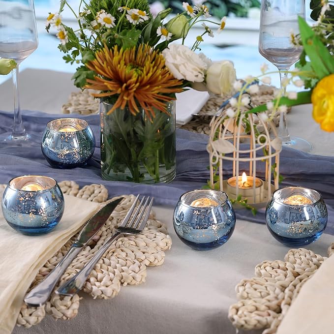 Volens Round Blue Votive Candle Holders Set of 12, Blue Wedding Centerpiece Table Decorations, Mercury Glass Tealight Candle Holder for Bridal Shower, Baby Shower & Home Decor