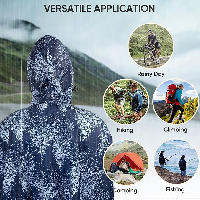 PTEROMY Hooded Rain Poncho for Adult with Pocket, Waterproof Lightweight Unisex Raincoat for Hiking Camping Emergency