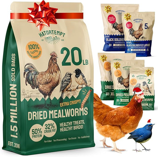 Hatortempt Dried Mealworm Bird Food - 20 Lb Bulk Pack - High Protein Poultry & Chicken Feed - Duck Food & Wild Bird Feed & Quail Treats