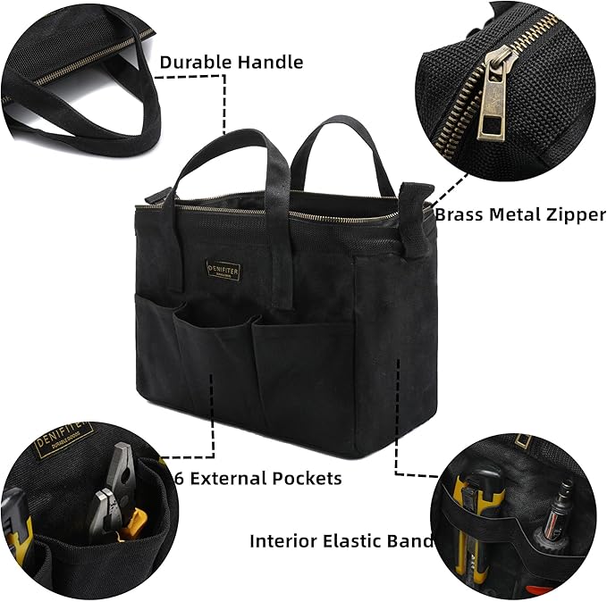 Tool Bag with Zipper, Heavy Duty 16oz Waxed Canvas Wide Mouth Tool Tote Bag, 13-inch Muti-Purpose Storage Tool Pouch with Side Pockets