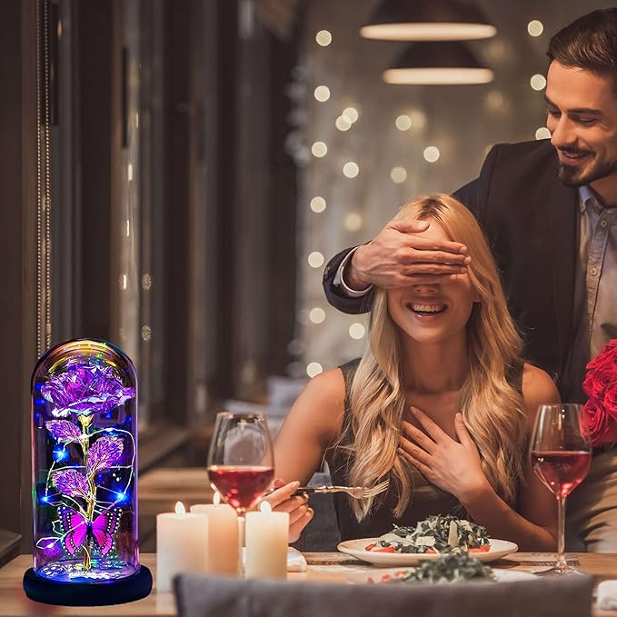 Valentines Day Gifts for Her,Valentines Day Rose Flowers Gifts for Mom Girlfriend Women Wife,Birthday Gifts for Women, Valentines for Her,Glass Flowers Light Up Rose Gifts for Mom,Purple Rose