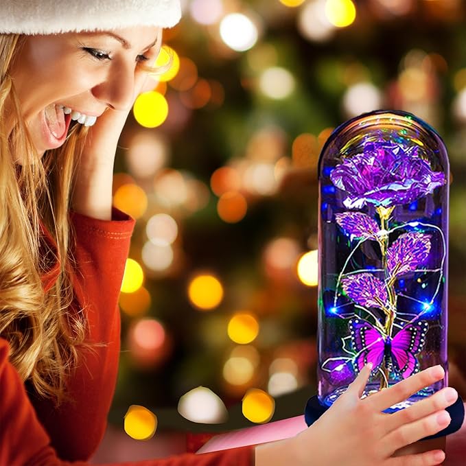 Valentines Day Gifts for Her,Valentines Day Rose Flowers Gifts for Mom Girlfriend Women Wife,Birthday Gifts for Women, Valentines for Her,Glass Flowers Light Up Rose Gifts for Mom,Purple Rose