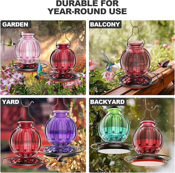 2 Pack Glass Hummingbird Feeder for Outdoors Hanging, Bird Nectar Feeder with Perch & 5 Flower Feeding Ports, 26 Oz Leak Proof for Outside Garden Decor Backyard, Gifts for Women Mom, Red & Purple