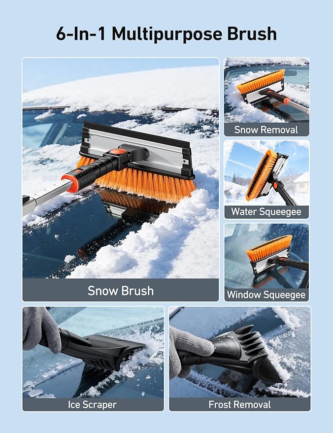 AstroAI 62.4" Ice Scrapers for Car Windshield, 3 in 1 Sturdy Snow Brush with Squeegee, 10 Adjustable Length Settings, Extendable Aluminum Handle, 180° Pivoting Snow Brush for Car, Truck, SUV(Orange)