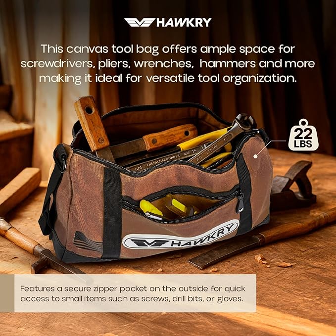 HAWKRY Canvas Tool Pouch – Brown Tool Bag for Tool Storage, DIY, Electrical, Auto or Hobby Use | Rugged Canvas Organizer with Zipper & Reinforced Base – Compact Utility Pouch for Toolbox or Car