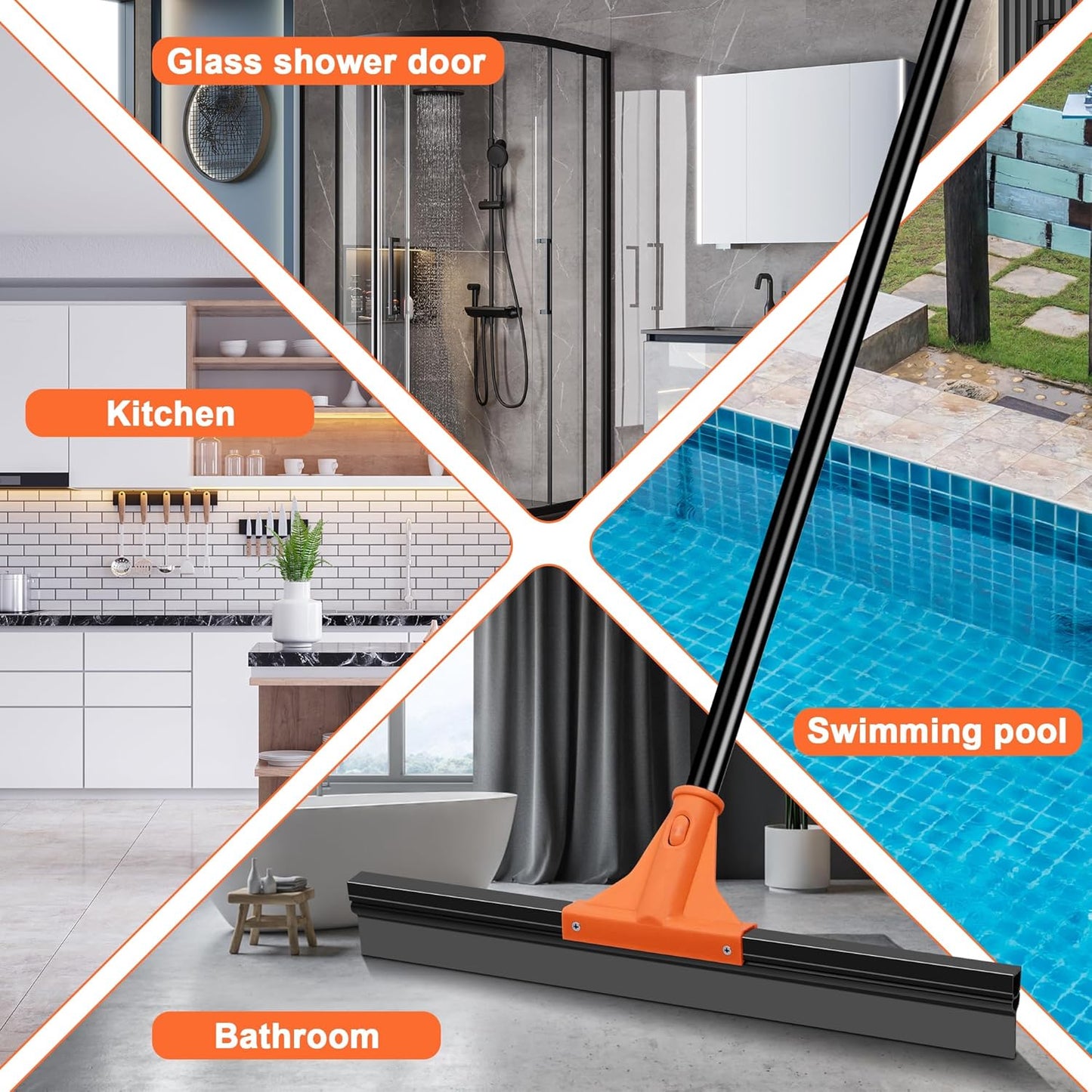 JEHONN Floor Squeegee Heavy Duty with 58.3 inches Long Handle, Rubber Scraper Broom for Cleaning Foam Water on Garage Concrete Bathroom Tile Marble Shower Glass Shop Deck Window Indoor Outdoor