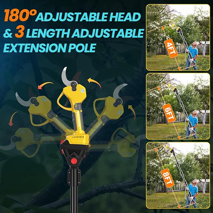 Electric Pruning Shears Cordless 2.6 Inches & Electric Pole Pruner 2-IN-1 with 8ft Pole Reach To 14ft, 2 * 2Ah Battery Pruning Shears, Cordless Pole Pruner Garden Tool for Tree Trimming Branch Cutter