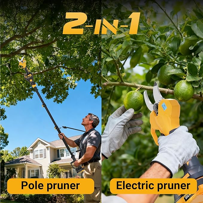 2-in-1 Electric Pruning Shears with Extension Pole, Cordless Power Pruner with 2 Inch Cutting Diameter, Brushless Motor, LCD Display & 2×2.0Ah Batteries for High Branch & Tree Trimming