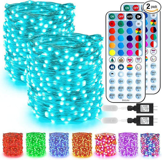 BrizLabs Valentine Fairy String Lights - 2 Pack 66ft 200 LED Color Changing Christmas Fairy Lights with Remote, Plug-in RGB Christmas Twinkle Light Rainbow Firefly Starry Light for Xmas Tree Halloween