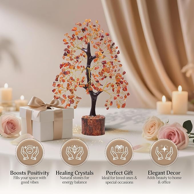 FASHIONZAADI Carnelian Healing Crystal Handmade Bonsai Tree for Positive Energy, Crystal Tree of Life Home and Office Feng Shui Decor, Good Luck, Money, Christmas Decor, Birthday Gifts for Women, Mom