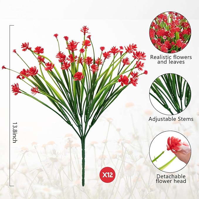 Ouddy Decor 12 Bundles Artificial Flowers for Outdoors UV Resistant Fake Plastic Plants Faux Greenery Stems for Spring Summer Indoor Garden Patio Window Box Kitchen Home Decor, Red